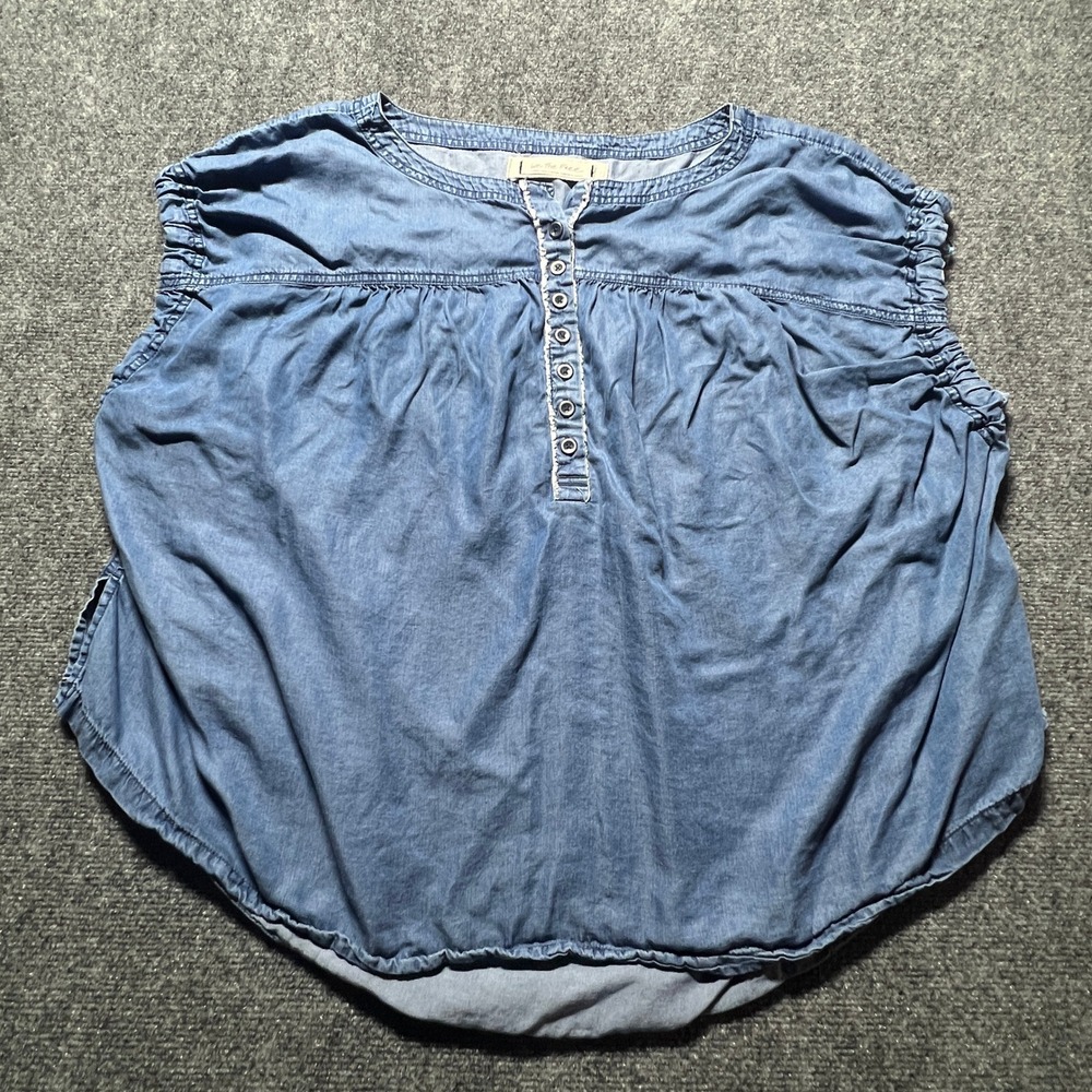 We The Free Free People Blue Lyocell Chambray Henley Blouse Large Boho Top